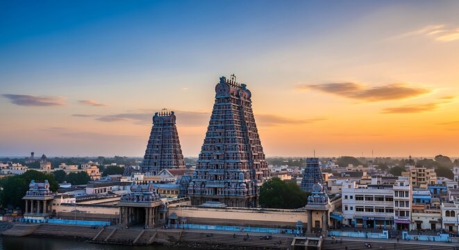 Ancient Hindu Temple Towers at Sunset in Madurai, Tamil Nadu, India.