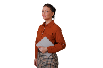 Professional woman standing, confidently holding a tablet, looking forward while wearing a plaid skirt on transparent background