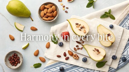 Overhead view of sliced pears and almonds arranged on napkin