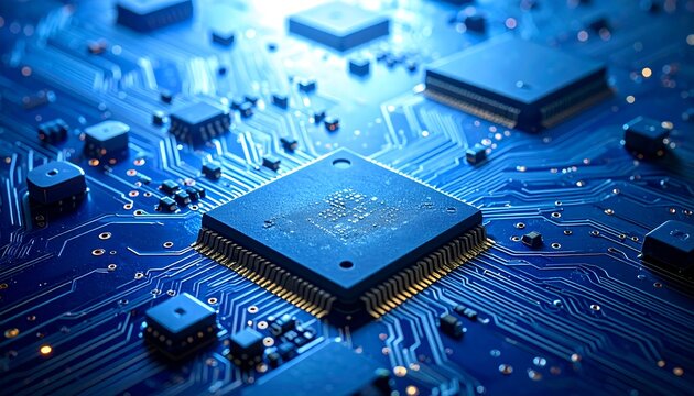 Close-up of a blue circuit board featuring multiple integrated circuit processors