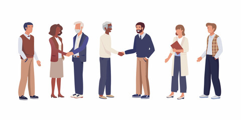 Fototapeta premium Diverse group of professionals in business attire shaking hands and standing together on white background