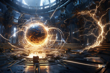 Massive futuristic metallic orb with glowing energy and electric lightning discharges in a dark ruins of sci-fi chamber