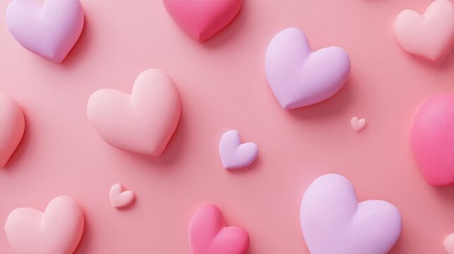 Minimalistic valentine's day background with multiple small pink hearts on soft pastel pink backdrop, romantic love-themed design for greeting cards, social media posts, and holiday decorations