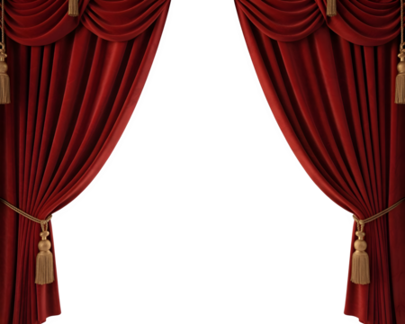 red curtain on transparent background,Luxurious red velvet curtain with rich folds and gold details, isolated on transparent background — elegant festive PNG for Christmas, stage, or luxury decor desi - Powered by Adobe