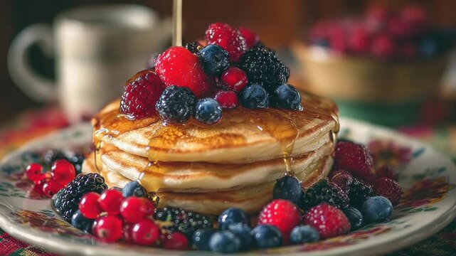 Stack of Pancakes Drizzled With Honey Topped With Fresh Berries on Vintage Plate with Cup in Background in Warm Ambient Lighting Tasty Breakfast Food Still Life