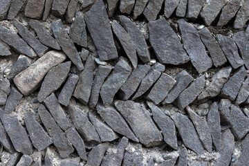 Close-up of a stacked, dry-stone wall built from irregular dark gray rocks.