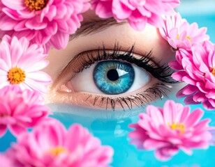 Close-up of a blue eye framed by pink flowers in water. Details, beauty, and nature combine