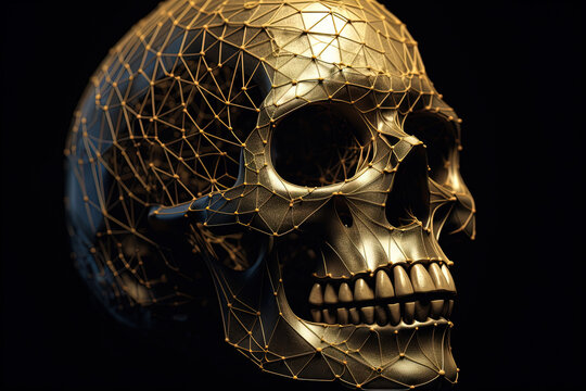 Artistic golden metallic skull with geometric mesh grid design in dramatic moody lighting for science fiction, technology, and abstract art concepts