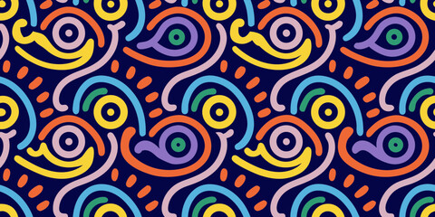 Vibrant abstract organic shapes and dots in a seamless repeating pattern on a dark blue background