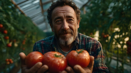 Farmer holding organic tomatoes in greenhouse