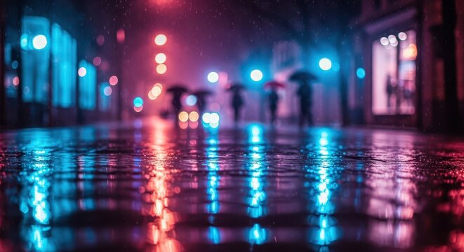 Neon lights reflect vividly on wet pavement during a nighttime downpour in an urban setting.