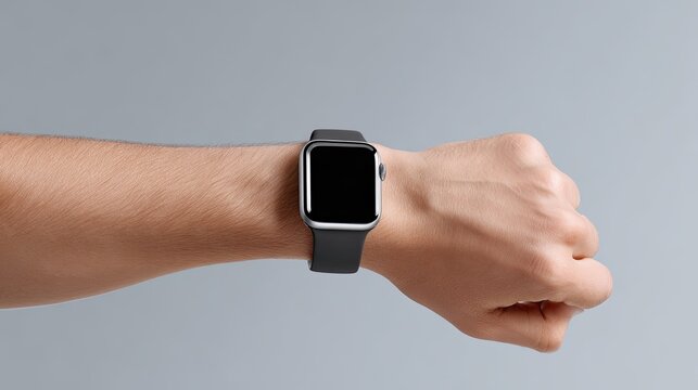 Sleek smartwatch on a wrist against a minimalist gray background, showcasing modern technology and stylish design for fitness and lifestyle enthusiasts