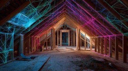 Transforming an attic with fresh plaster and drywall finishes. Neural connections. A busy attic: tools and materials enhance the drywall and plaster work. Ai interface. Digital web.
