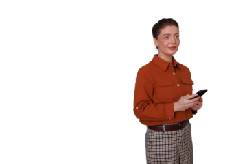 Woman standing and looking forward, holding phone, texting, communicating with smartphone on transparent background