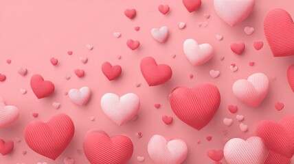 Romantic valentine's day background with pink gradient, scattered red and white hearts, festive love-themed decorations for greeting cards, social media, and holiday design