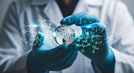 Scientist in Gloves Holding Glowing Globe with Digital Molecular Structures