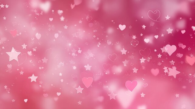 Romantic valentine’s day background with soft pink tones, floating hearts, sparkling stars, and festive decorations, perfect for love-themed greeting cards, wedding invitations, and romantic holiday d