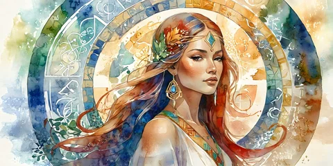 Papier peint photo Chambre de fille A divine woman adorned with leaves and jewels, surrounded by elemental colors. Watercolor fantasy portrait with gold geometry background. Symbol of balance between natural forces.  © LifeFree studio
