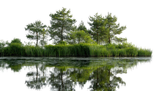 Tranquil island reflected in a calm lake. Lush greenery surrounds the island