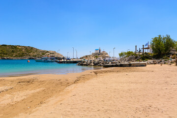 Kolymbia harbor with sandy beach on Rhodes island. Dodecanese, Greece