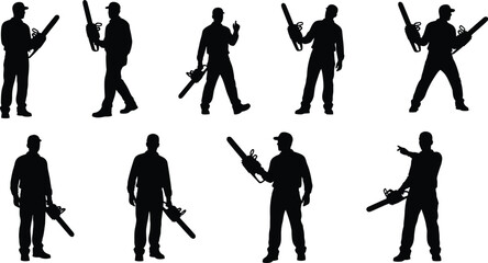 Chainsaw operator silhouettes, black vector, safety posture, workwear figure, tool handling, outdoor activity, gesture variation, cutting motion, illustration concept, labor scene