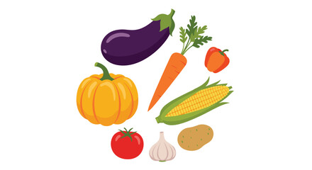 Fototapeta premium Harmonious circular arrangement of fresh, colorful vegetables including plump pumpkin, crisp carrot, and ripe tomato, symbolizing healthy eating and abundant harvest.