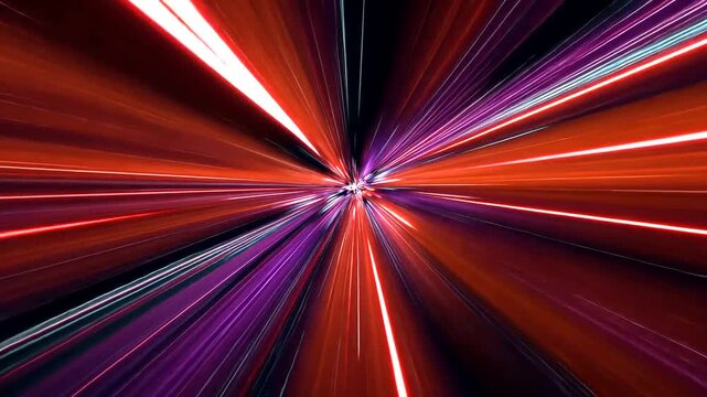 Vibrant red and purple light streaks radiate from a central point, abstract speed