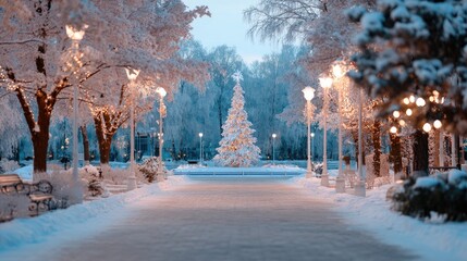 Serene Winter Landscape with Snow-Covered Pathway, Frosted Trees, and Illuminated Christmas Tree in Winter Wonderland Scene at Dusk