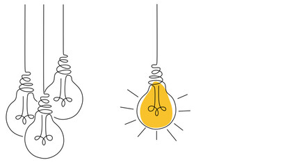 One continuous line drawing of hanging light bulbs with one shining. Concept of creative idea