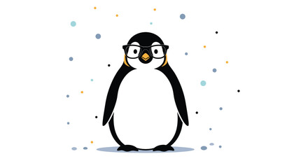 Fototapeta premium Smart and adorable cartoon penguin stands proudly wearing stylish black-rimmed glasses, surrounded by a playful scattering of colorful, abstract polka dots.