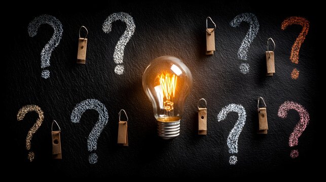 Illuminated incandescent lamp signifies solution amidst several chalk drawn question marks on dark background