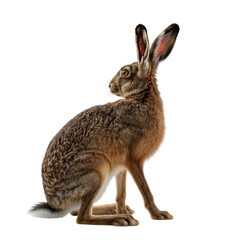 Obraz premium Brown hare sitting on a black background looking up