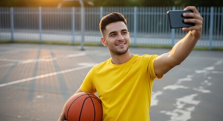 Basketball Player Capturing a Selfie on the Court.