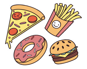 Cartoon fast food set with pizza and burger