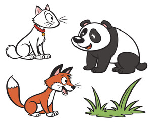 Obraz premium Cartoon animals cat, panda, and fox