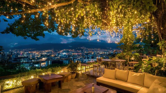 Scenic Outdoor Lounge with City View at Night in Medell&iacute;n Colombia Featuring Warm Lighting and Comfortable Seating With Lush Greenery and Elevated Perspective