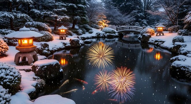 Snowy japanese garden with stone lanterns pond bridge and fireworks reflecting in the water