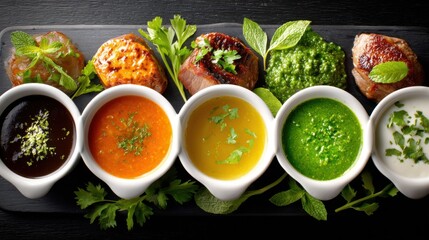 Gourmet Grilled Meats and Assorted Sauces on Dark Board, Food, Cuisine, Meal