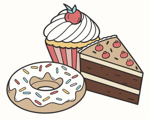 Delicious donut, cupcake, and slice of cake