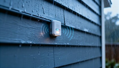Medium shot of smart siding sensors detecting moisture levels on exterior walls during rainy weather