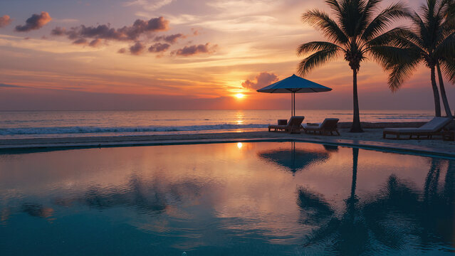 Vibrant tropical sunset reflected in serene swimming pool with silhouetted palm trees and ocean view