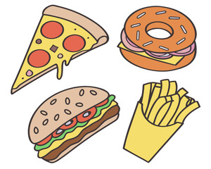 Pizza, donut, burger, and french fries