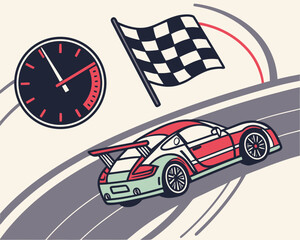 Race car speeding to the finish line with checkered flag and speedometer