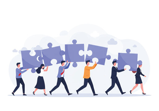 A diverse group of business professionals collaboratively carrying and connecting large puzzle pieces, symbolizing teamwork and problem-solving in a corporate setting.