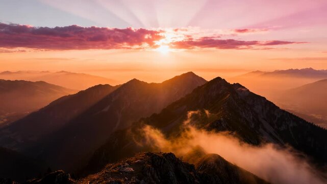 Triumphant man, joyful hiker celebrating success and personal achievement on mountain peak during sunrise