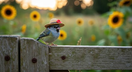 Small bird wearing a miniature straw hat perched upon a weathered wooden fence in a sunflower field