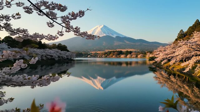 Majestic Mount Fuji landscape with serene lake, vibrant cherry blossoms, and misty peak at dawn, capturing tranquil atmosphere perfect for nature inspired backgrounds, contemplative scenes.