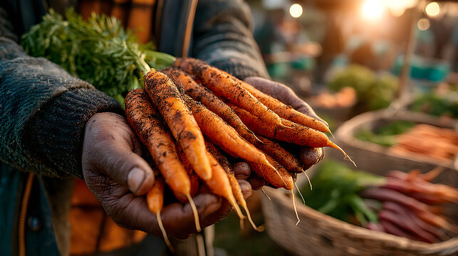 Farmer hands holding fresh organic carrots after harvest