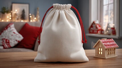 Blank Drawstring Pouch in Cozy Christmas Setting, Holiday, Gift, Bag