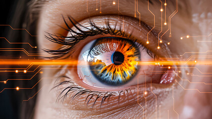 Human eye with digital circuit and glowing orange light symbolizing future technology and innovation